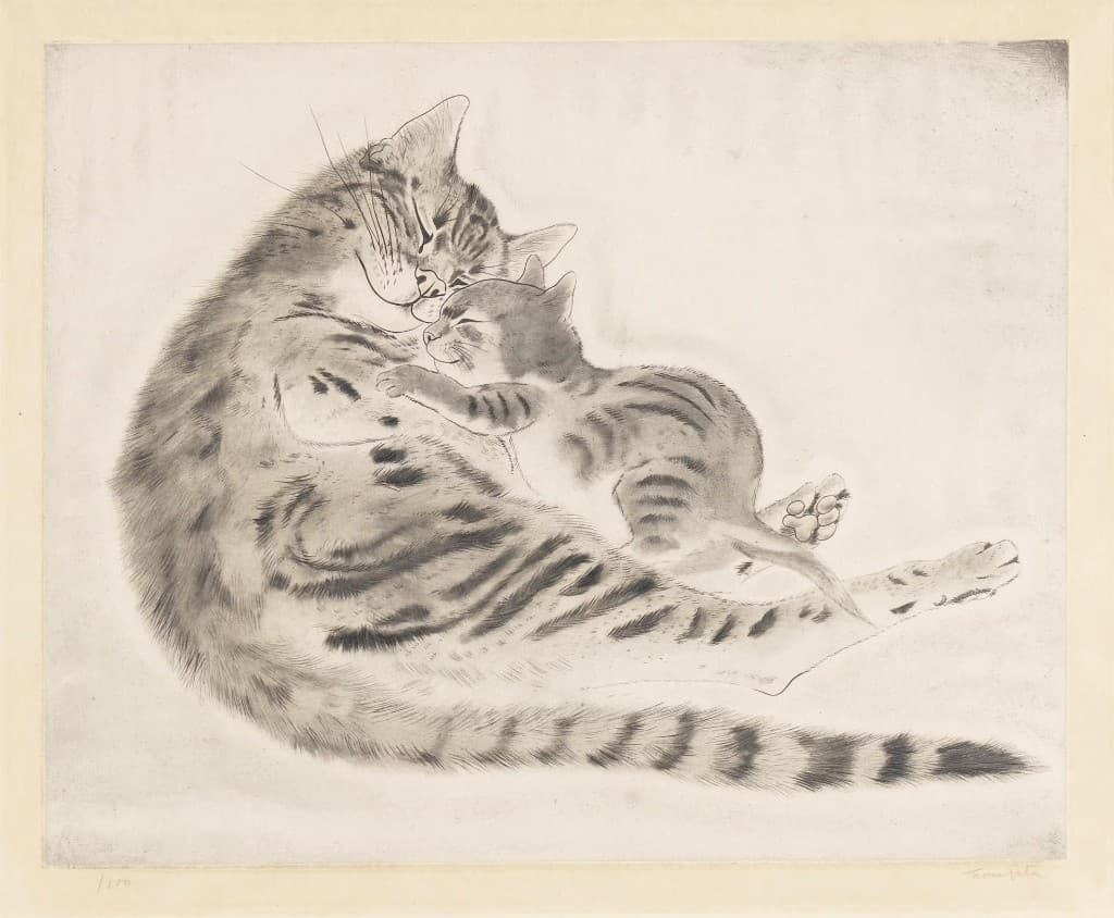 Etching of a cat curled around her kitten