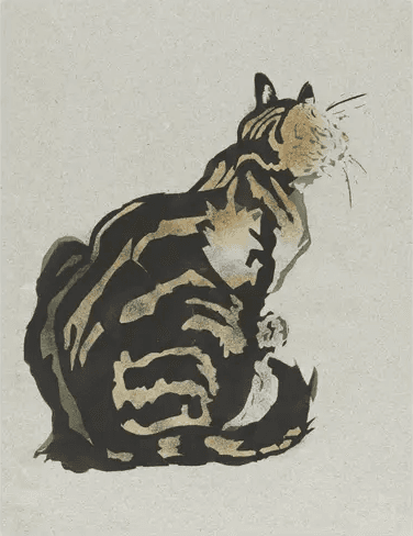 Ink and gold painting of a striped cat looking over its shoulder